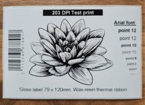 Photo of a 200 dpi printer sample label
