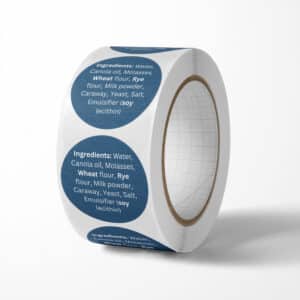 Image of a roll of printed ingredients labels which have the allergens printed in bold