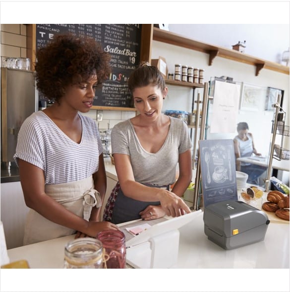 Zebra ZD421 product application image showing the printer being used in a small business